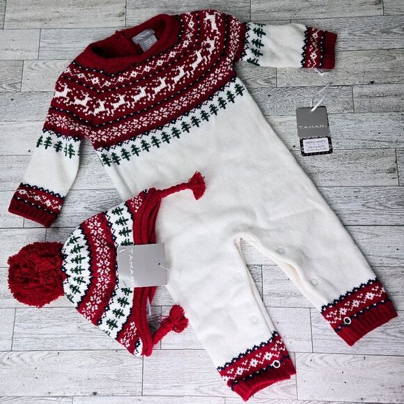 Tahari Christmas Holiday Knit Sweater Onsie Coverall Set Matching Hat 3-6 Months